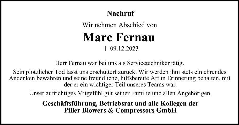  Traueranzeige für Marc Fernau vom 16.12.2023 aus Harz Kurier
