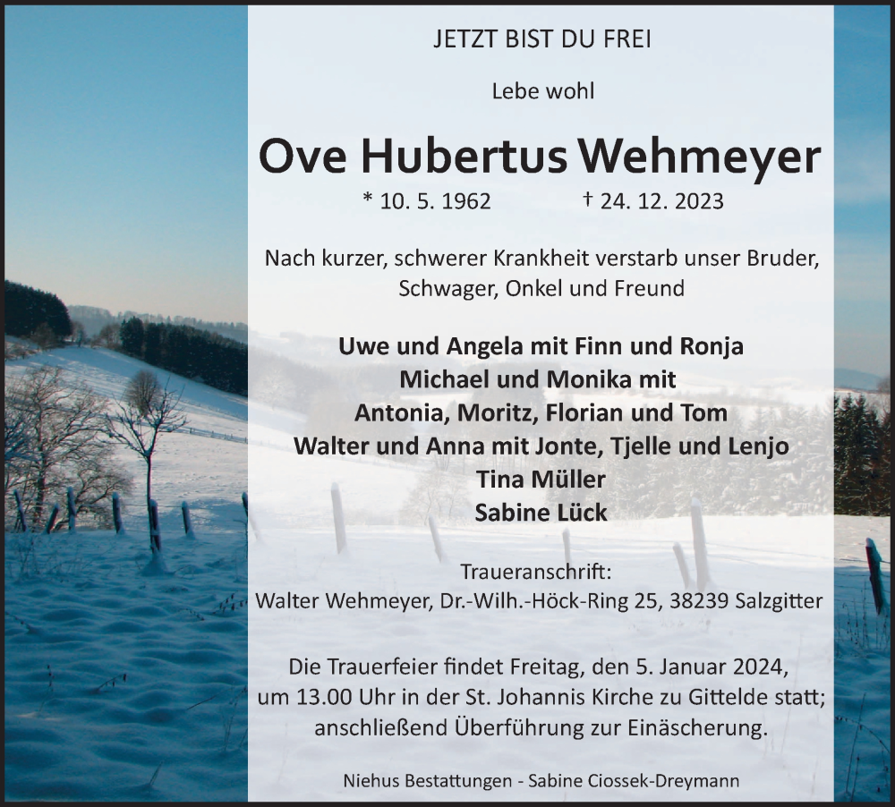  Traueranzeige für Ove Hubertus Wehmeyer vom 30.12.2023 aus Harz Kurier