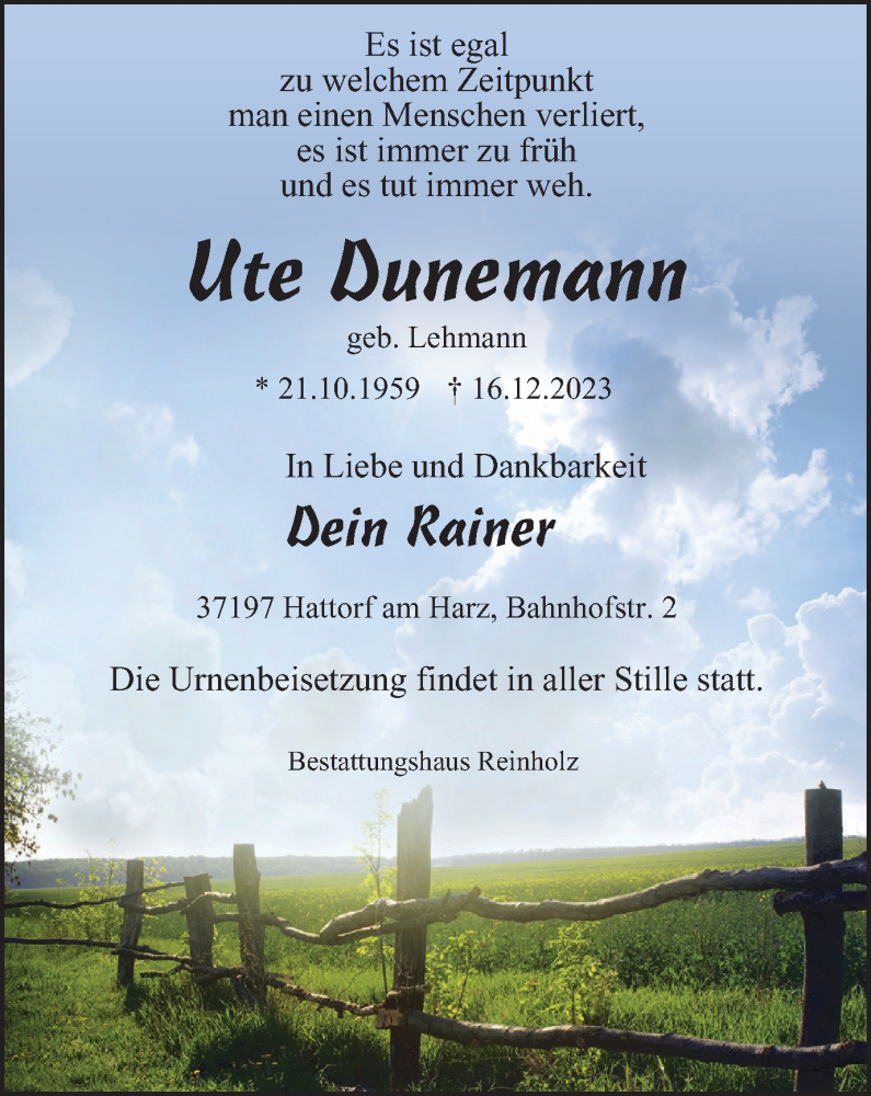  Traueranzeige für Ute Dunemann vom 23.12.2023 aus Harz Kurier