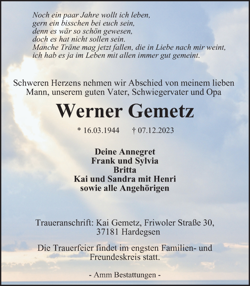  Traueranzeige für Werner Gemetz vom 16.12.2023 aus Harz Kurier
