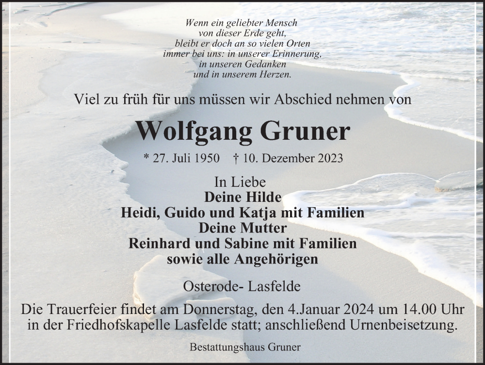  Traueranzeige für Wolfgang Gruner vom 30.12.2023 aus Harz Kurier