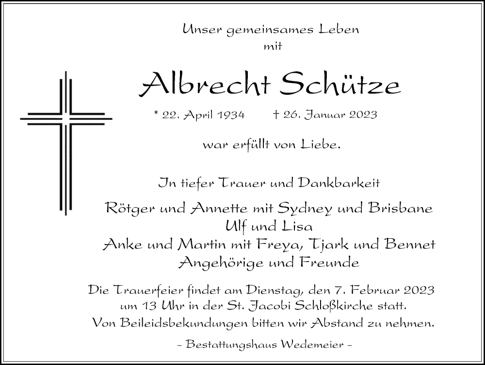  Traueranzeige für Albrecht Schütze vom 02.02.2023 aus Harz Kurier