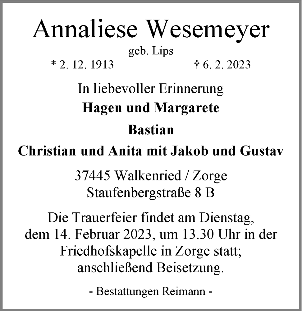  Traueranzeige für Annaliese Wesemeyer vom 11.02.2023 aus Harz Kurier