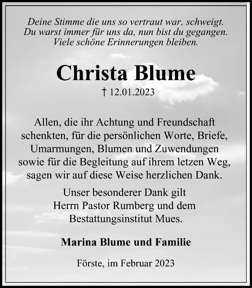  Traueranzeige für Christa Blume vom 03.02.2023 aus Harz Kurier