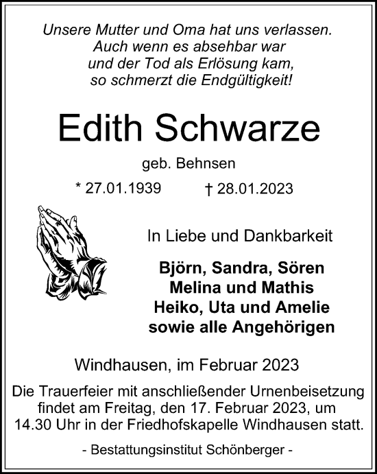 Traueranzeige von Edith Schwarze von Harz Kurier