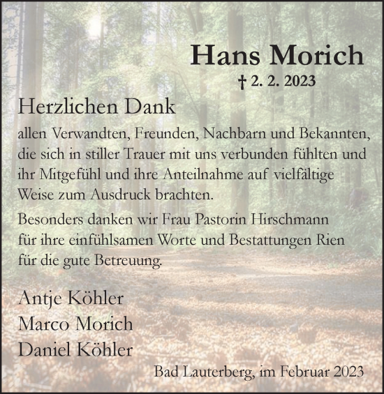 Traueranzeige von Hans Morich von Harz Kurier