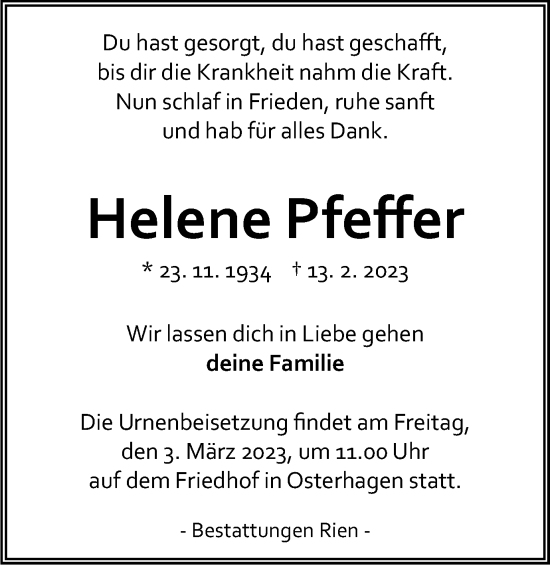 Traueranzeige von Helene Pfeffer von Harz Kurier