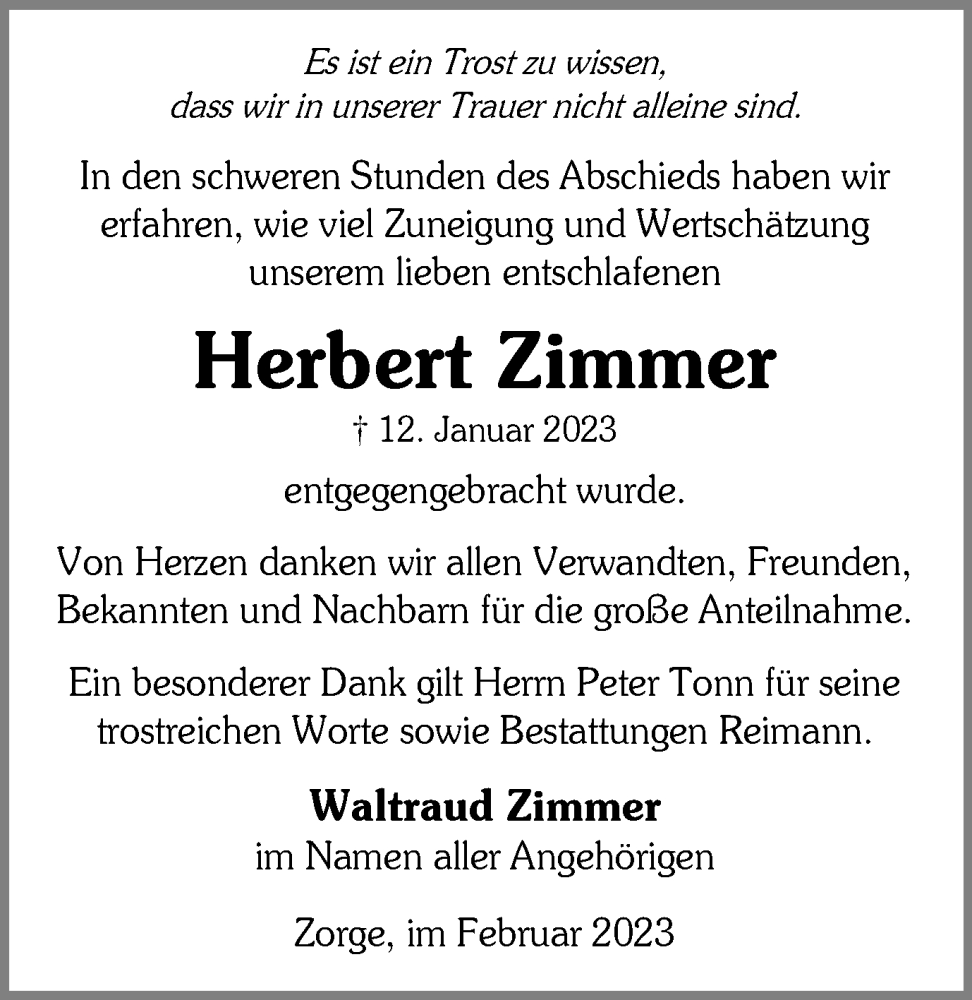  Traueranzeige für Herbert Zimmer vom 04.02.2023 aus Harz Kurier