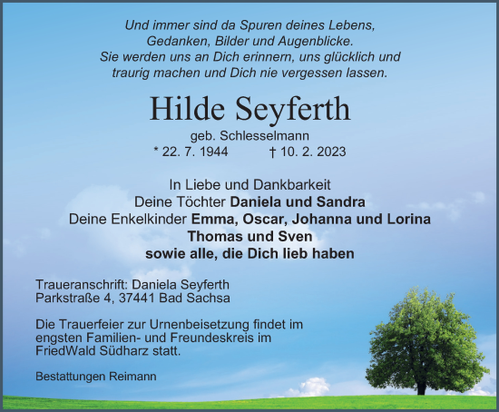 Traueranzeige von Hilde Seyferth von Harz Kurier
