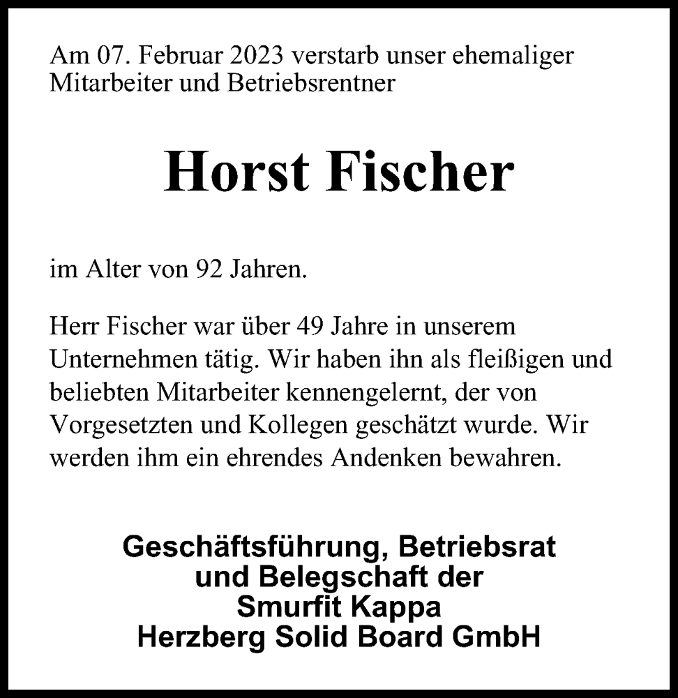 Traueranzeige für Horst Fischer vom 11.02.2023 aus Harz Kurier