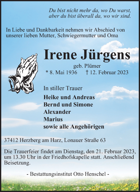 Traueranzeige von Irene Jürgens von Harz Kurier