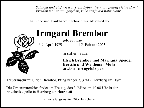 Traueranzeige von Irmgard Brembor von Harz Kurier