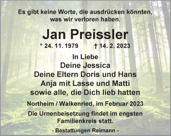 Traueranzeige von Jan Preissler von Harz Kurier