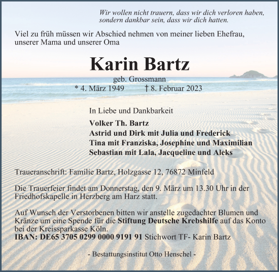 Traueranzeige von Karin Bartz von Harz Kurier