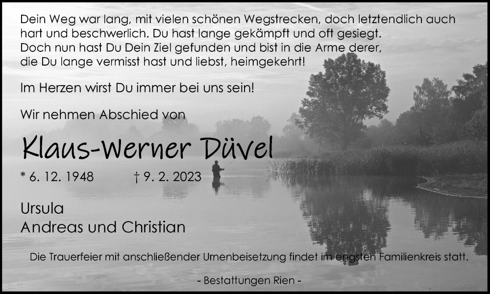  Traueranzeige für Klaus-Werner Düvel vom 18.02.2023 aus Harz Kurier