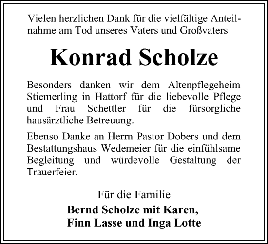 Traueranzeige von Konrad Scholze von Harz Kurier