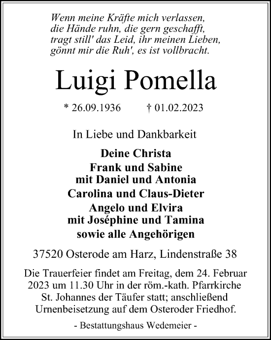 Traueranzeige von Luigi Pomella von Harz Kurier