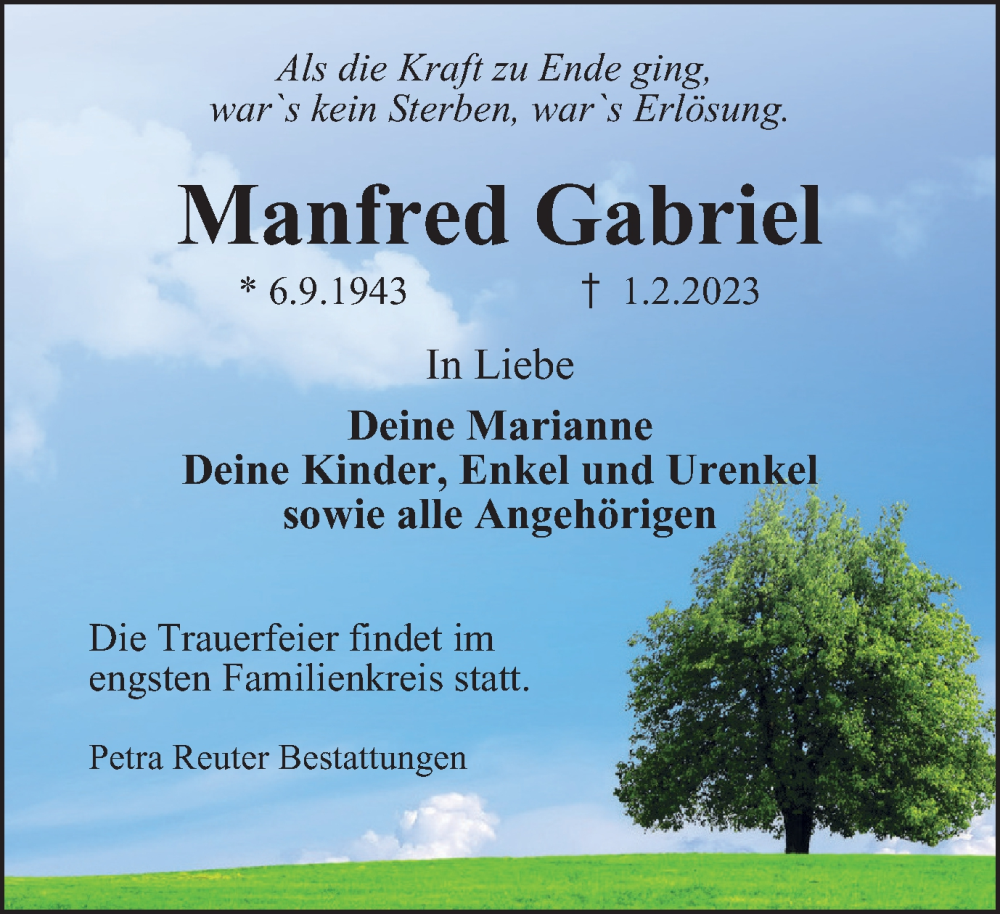  Traueranzeige für Manfred Gabriel vom 04.02.2023 aus Harz Kurier