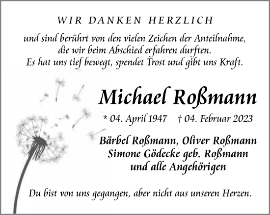 Traueranzeige von Michaef Roßmann von Harz Kurier