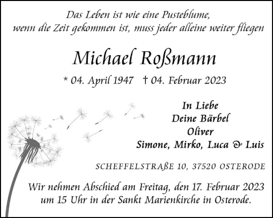 Traueranzeige von Michael Roßmann von Harz Kurier
