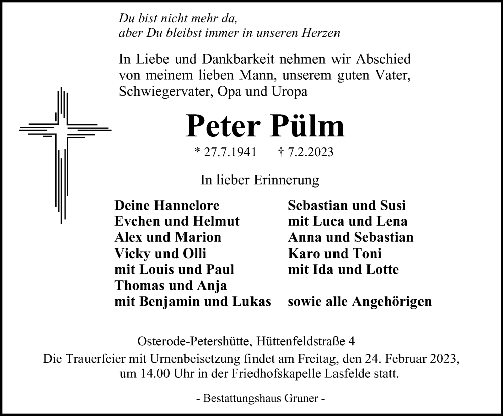  Traueranzeige für Peter Pülm vom 11.02.2023 aus Harz Kurier