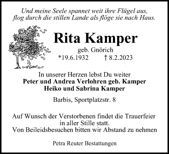 Traueranzeige von Rita Kamper von Harz Kurier