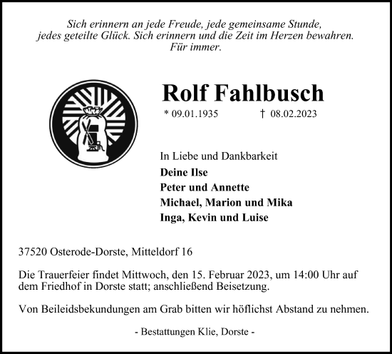 Traueranzeige von Rolf Fahlbusch von Harz Kurier