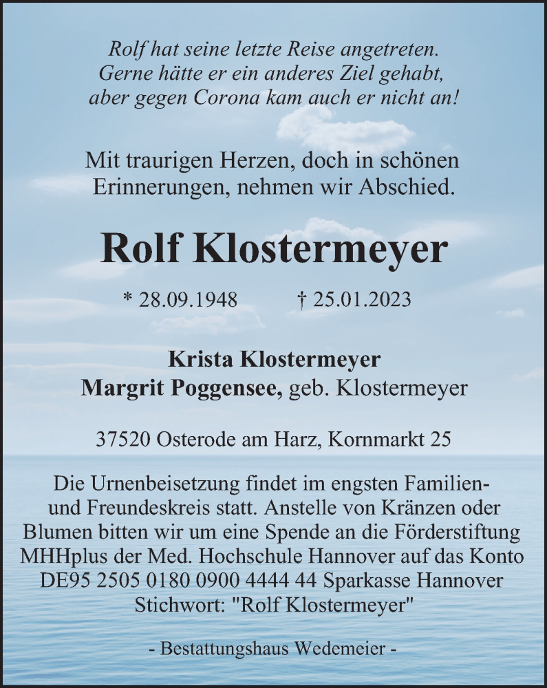  Traueranzeige für Rolf Klostermeyer vom 04.02.2023 aus Harz Kurier