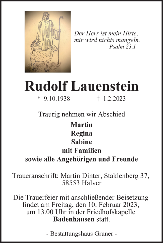 Traueranzeige von Rudolf Lauenstein von Harz Kurier