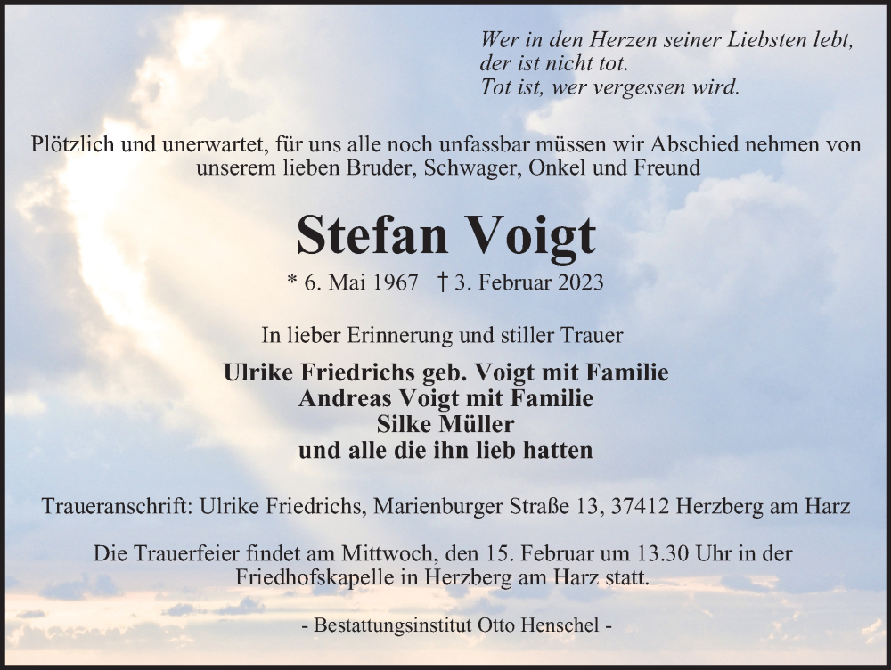  Traueranzeige für Stefan Voigt vom 11.02.2023 aus Harz Kurier
