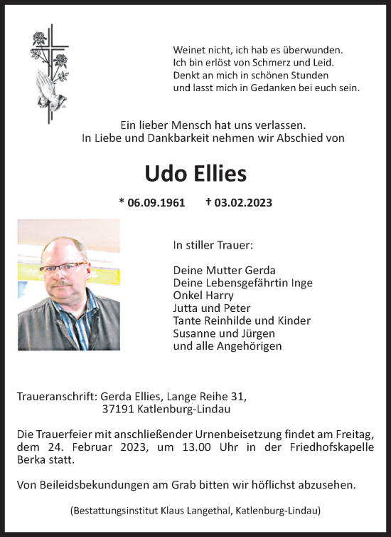 Traueranzeige von Udo Ellies von Harz Kurier