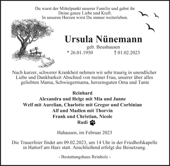Traueranzeige von Ursula Nünemann von Harz Kurier