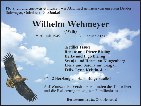 Traueranzeige von Wilhelm Wehmeyer von Harz Kurier