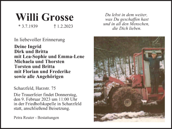 Traueranzeige von Willi Grosse von Harz Kurier