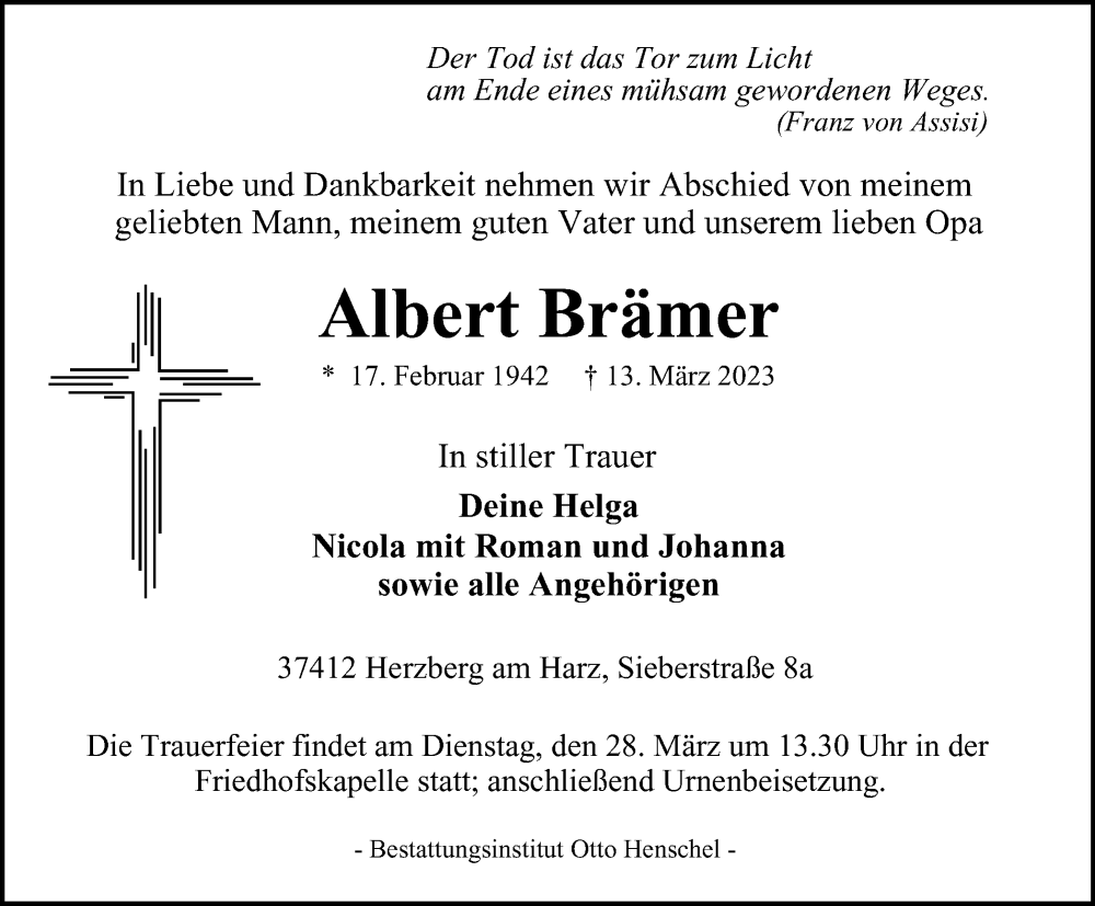  Traueranzeige für Albert Brämer vom 18.03.2023 aus Harz Kurier