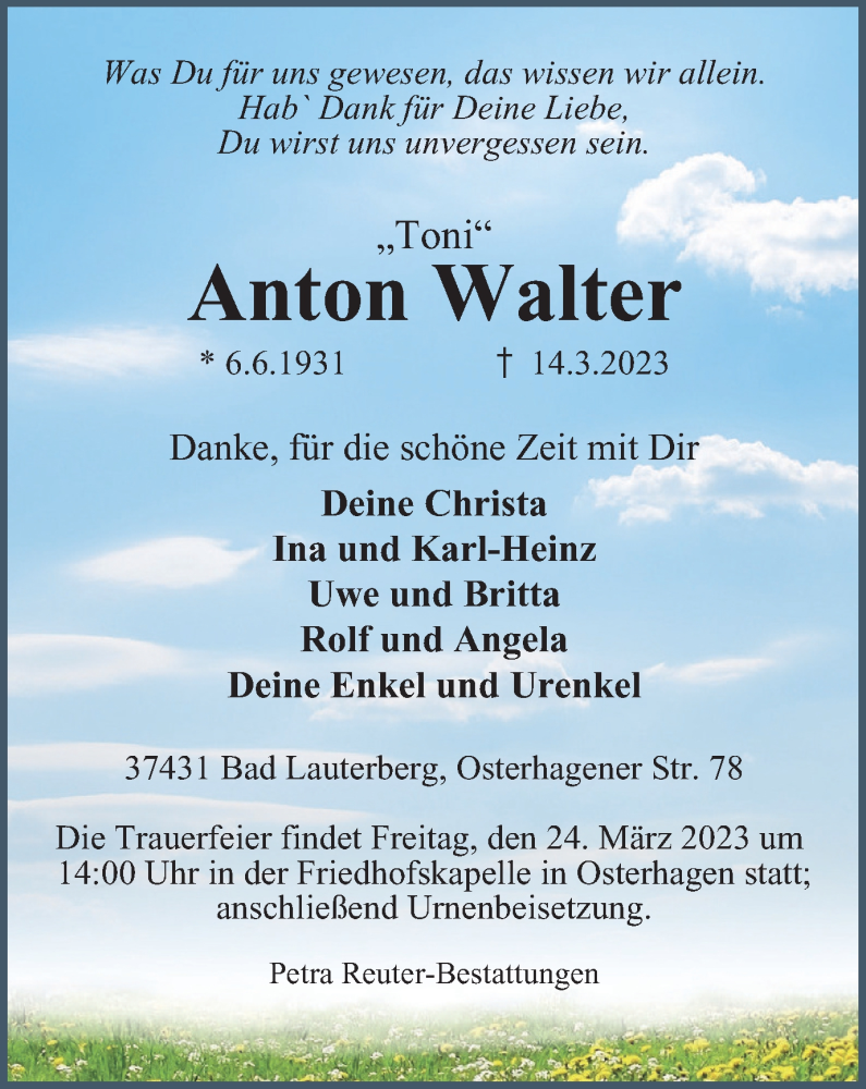  Traueranzeige für Anton Walter vom 18.03.2023 aus Harz Kurier