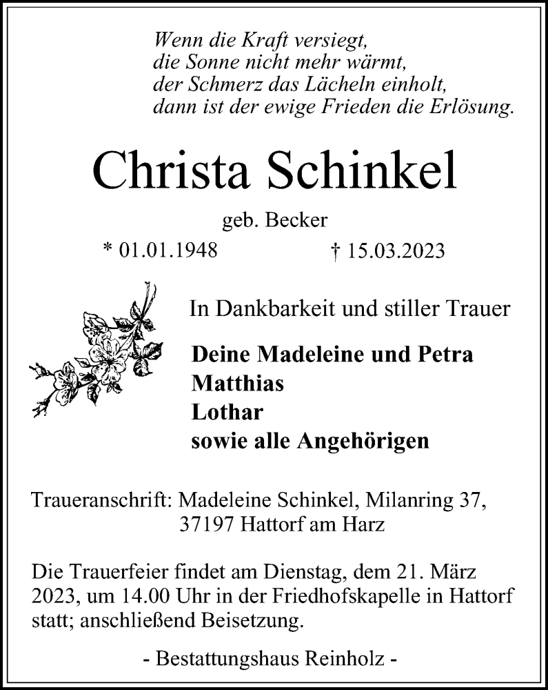  Traueranzeige für Christa Schinkel vom 18.03.2023 aus Harz Kurier
