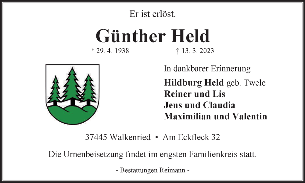  Traueranzeige für Günther Held vom 18.03.2023 aus Harz Kurier
