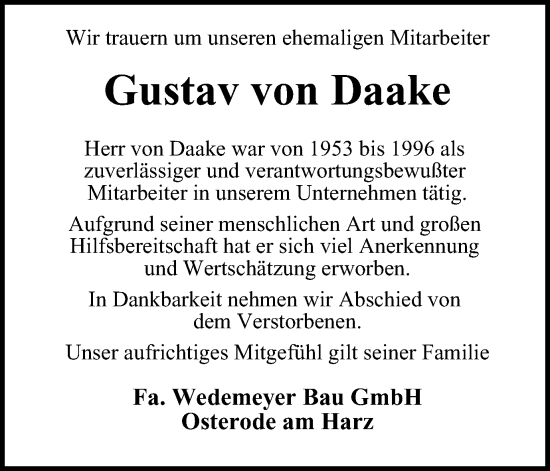 Traueranzeige von Gustav von Daake von Harz Kurier