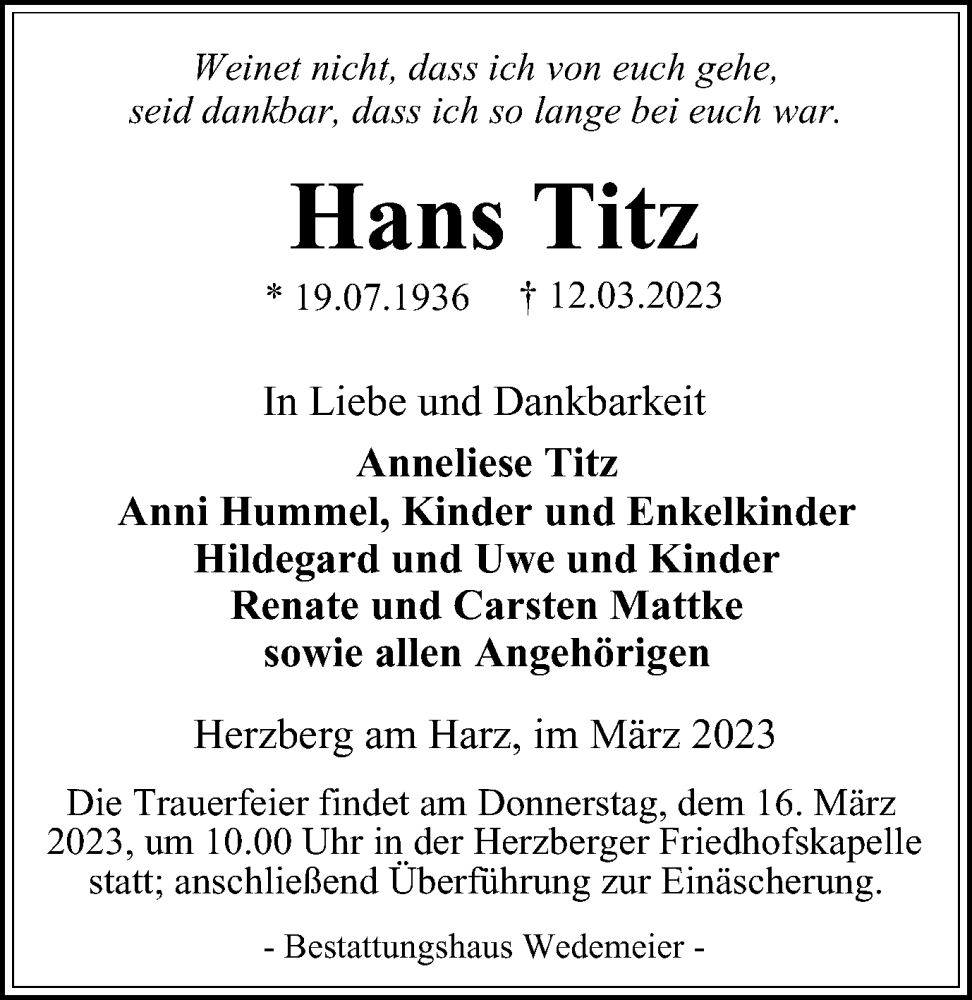  Traueranzeige für Hans Titz vom 15.03.2023 aus Harz Kurier