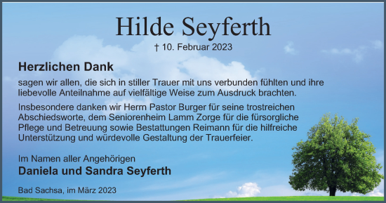 Traueranzeige von Hilde Seyferth von Harz Kurier