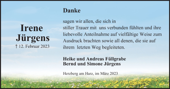 Traueranzeige von Irene Jürgens von Harz Kurier