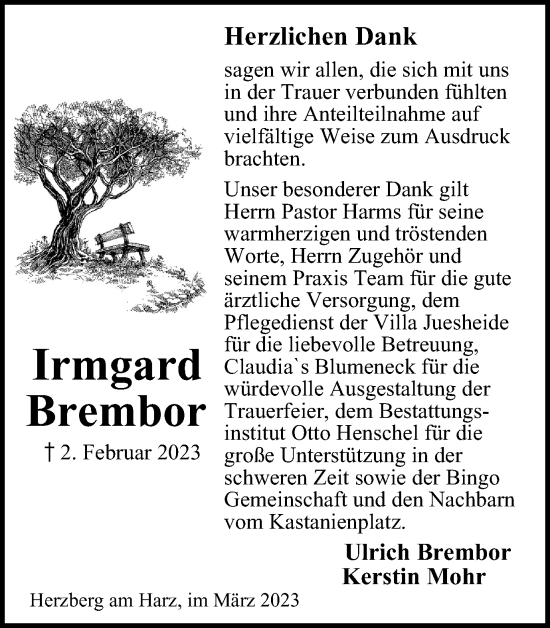 Traueranzeige von Irmgard Brembor von Harz Kurier