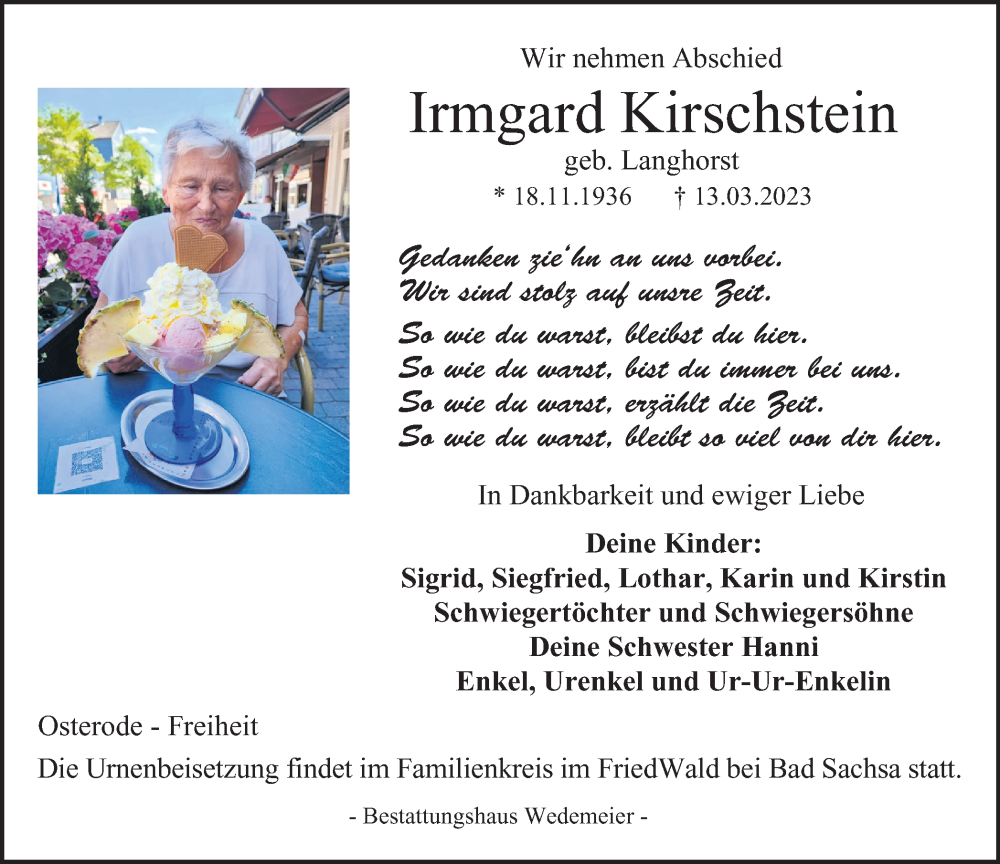  Traueranzeige für Irmgard Kirschstein vom 25.03.2023 aus Harz Kurier