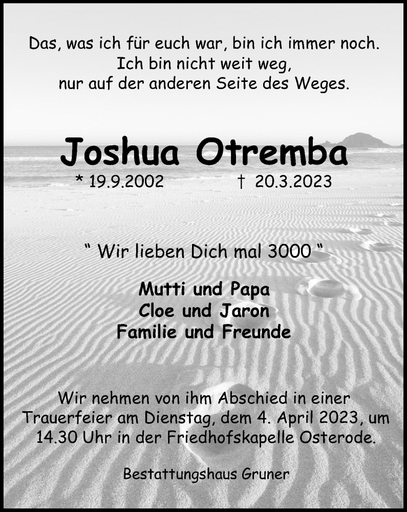  Traueranzeige für Joshua Otremba vom 30.03.2023 aus Harz Kurier