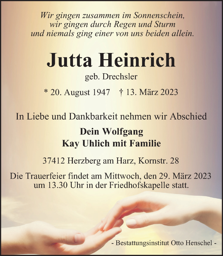  Traueranzeige für Jutta Heinrich vom 18.03.2023 aus Harz Kurier