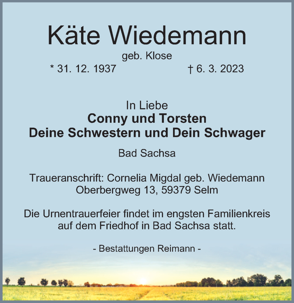 Traueranzeige für Käte Wiedemann vom 11.03.2023 aus Harz Kurier