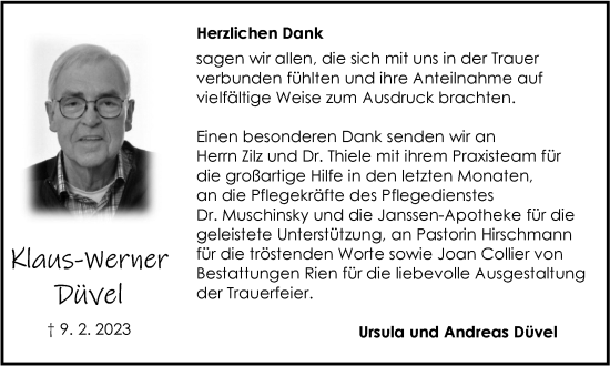 Traueranzeige von Klaus-Werner Düvel von Harz Kurier