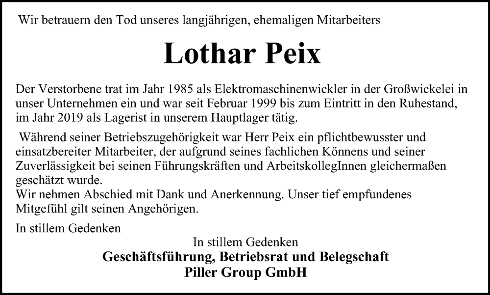  Traueranzeige für Lothar Peix vom 25.03.2023 aus Harz Kurier