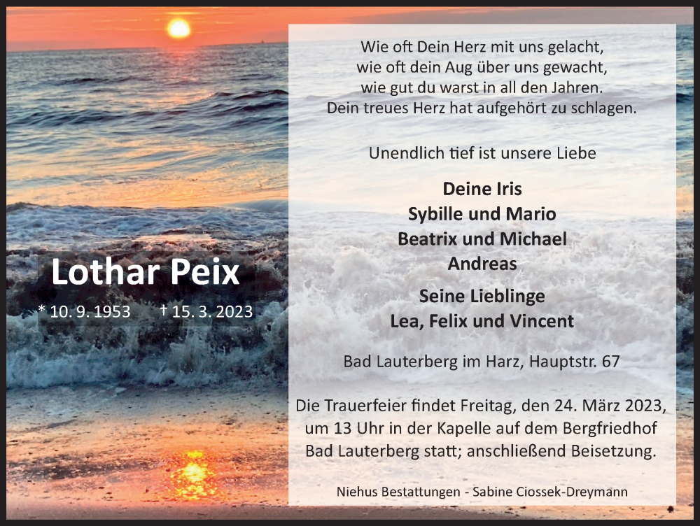  Traueranzeige für Lothar Peix vom 21.03.2023 aus Harz Kurier
